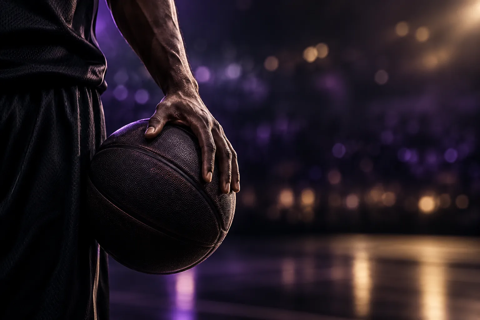 Generated close-up of a basketball player’s hand on a dark ball, lit by violet and champagne arena lights